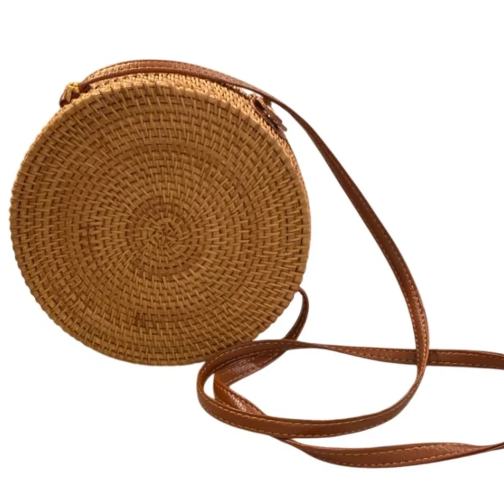 Rattan Wicker Boho Cloth Lined Bag Purse Cross body Leather Strap Antik Kraft - Picture 6 of 7